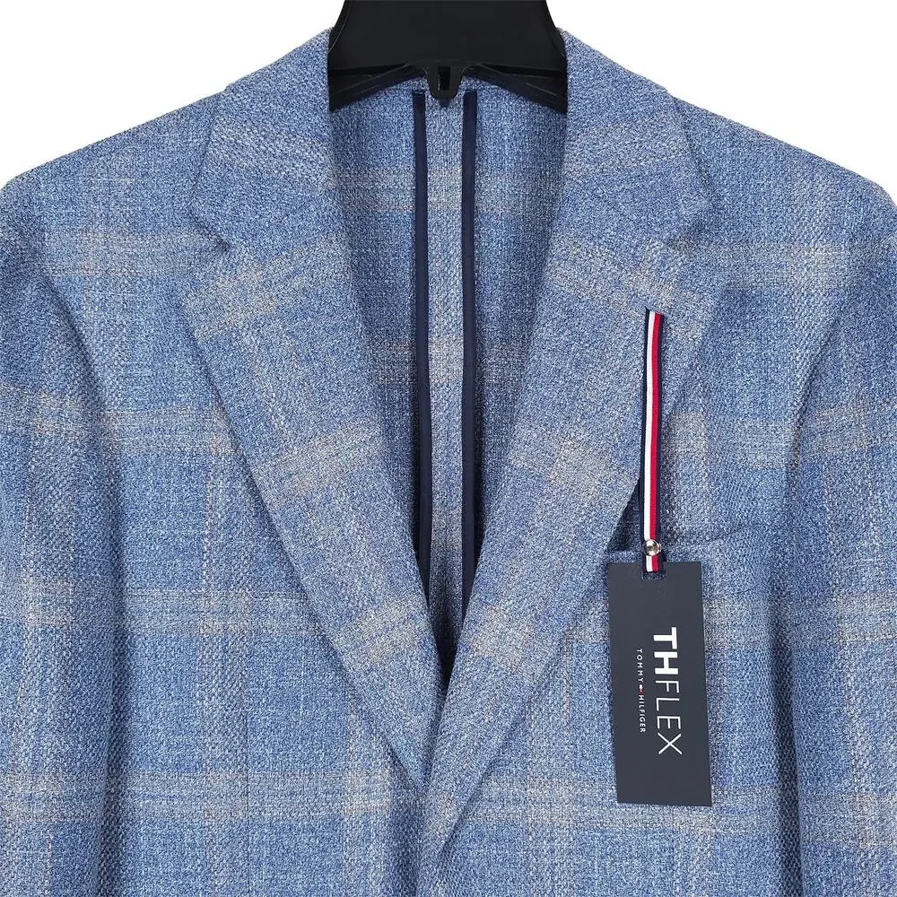 Tommy Hilfiger Mens Modern Fit Sport Coat 48R Light Blue Plaid Basketweave NWT